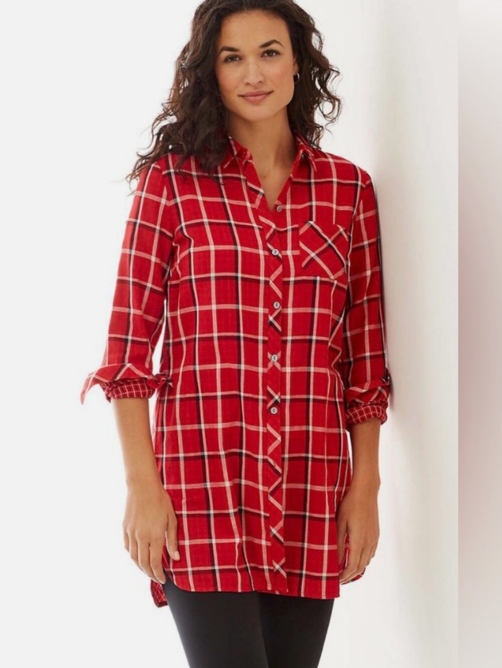 J. Jill Red Plaid Double Cotton Button-Down Long Sleeve Mixed Media Tunic Top.